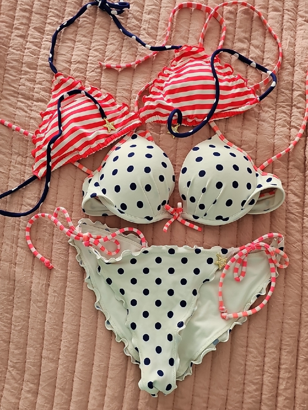 Victoria Secret Polka Dot Bikini Set Coral Stripe Top Sz Small/32B Bottom Small